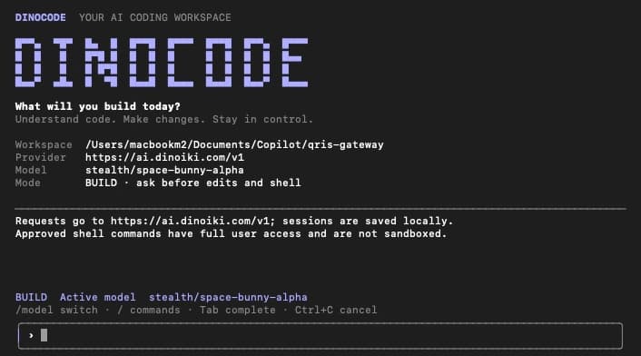 Dinocode welcome screen showing the workspace, provider, active model, and approval-based Build mode.