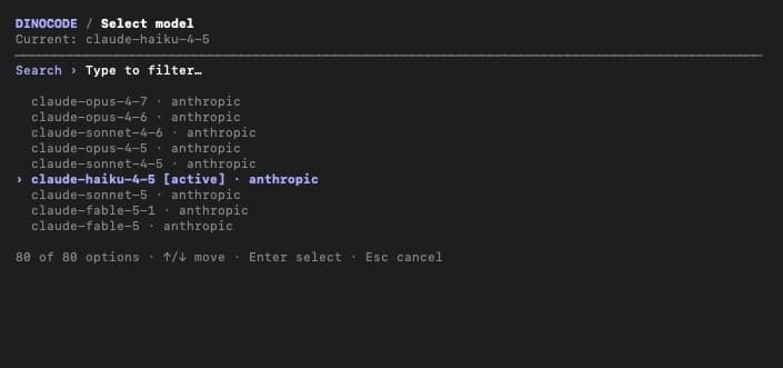 Dinocode model picker with a search field, keyboard navigation, and the current model marked active.