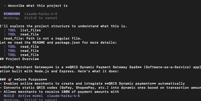 A Dinocode conversation reading project files and explaining the application structure.